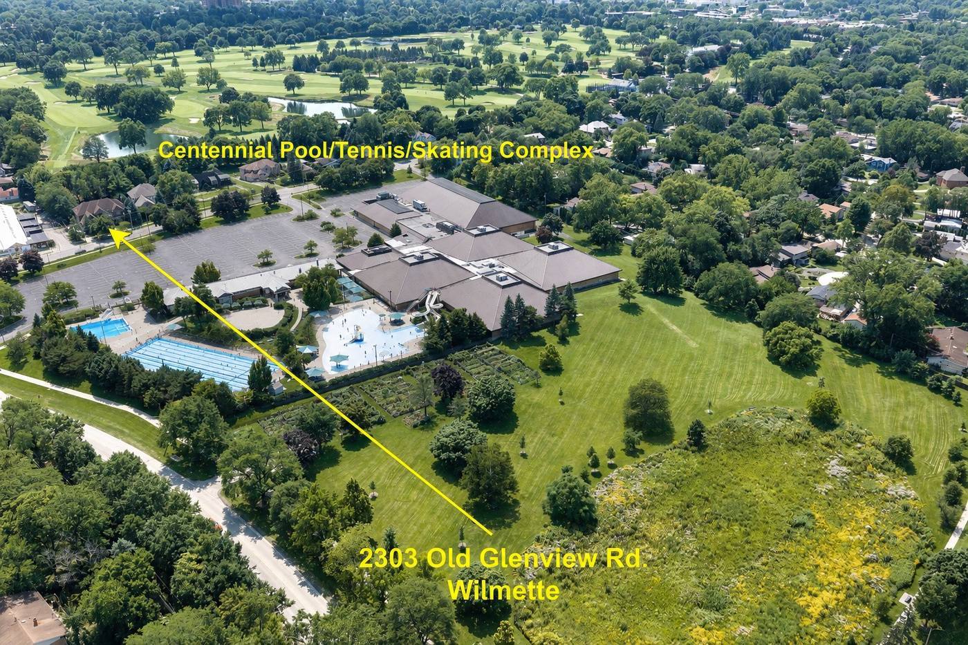 Aerial showing 2303 Old Glenview Road in relation to the Centennial Recreation Complex and the fairways of Westmoreland Country Club