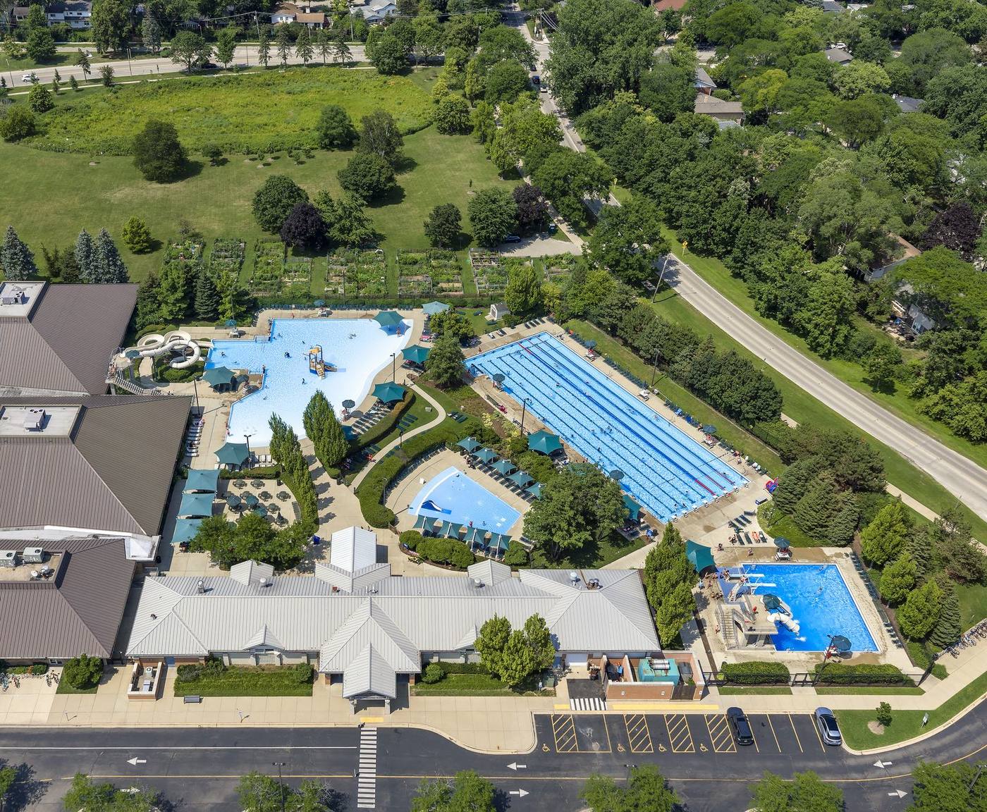 Aerial of the Centennial Recreation Complex — competition pool, leisure pool, water slides and diving well