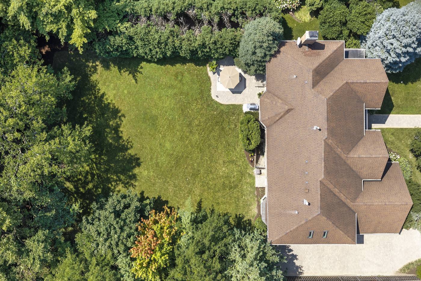 Aerial directly overhead — the house, the patio and the full .41-acre homesite
