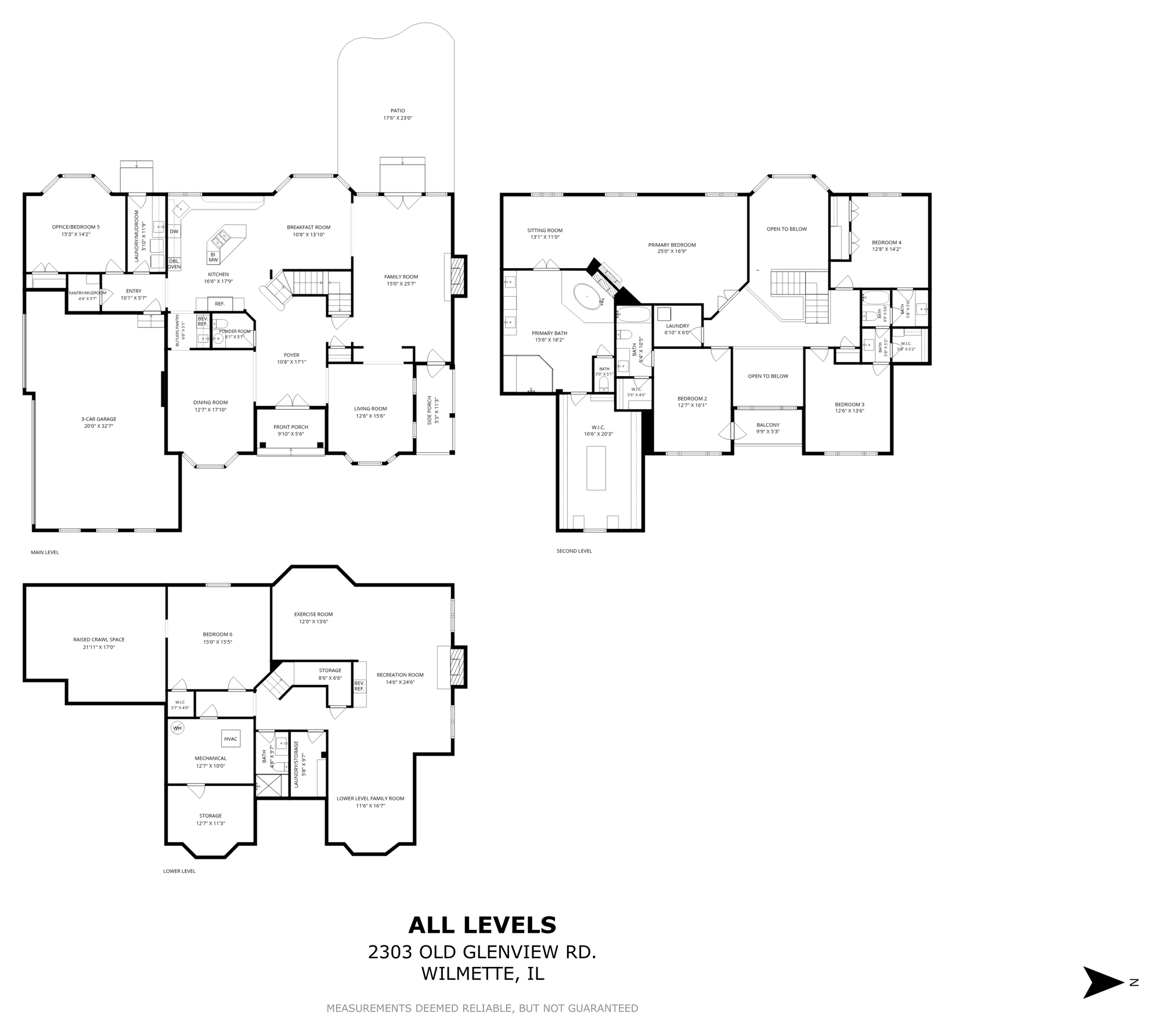 All three levels of 2303 Old Glenview Road, Wilmette, on one sheet — lower level, main level and second level