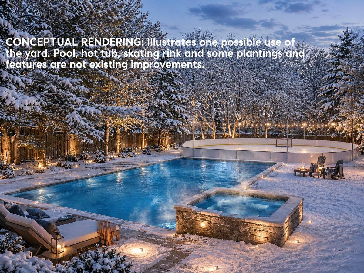 Conceptual rendering showing a pool, hot tub and skating rink in the rear yard at dusk in winter
