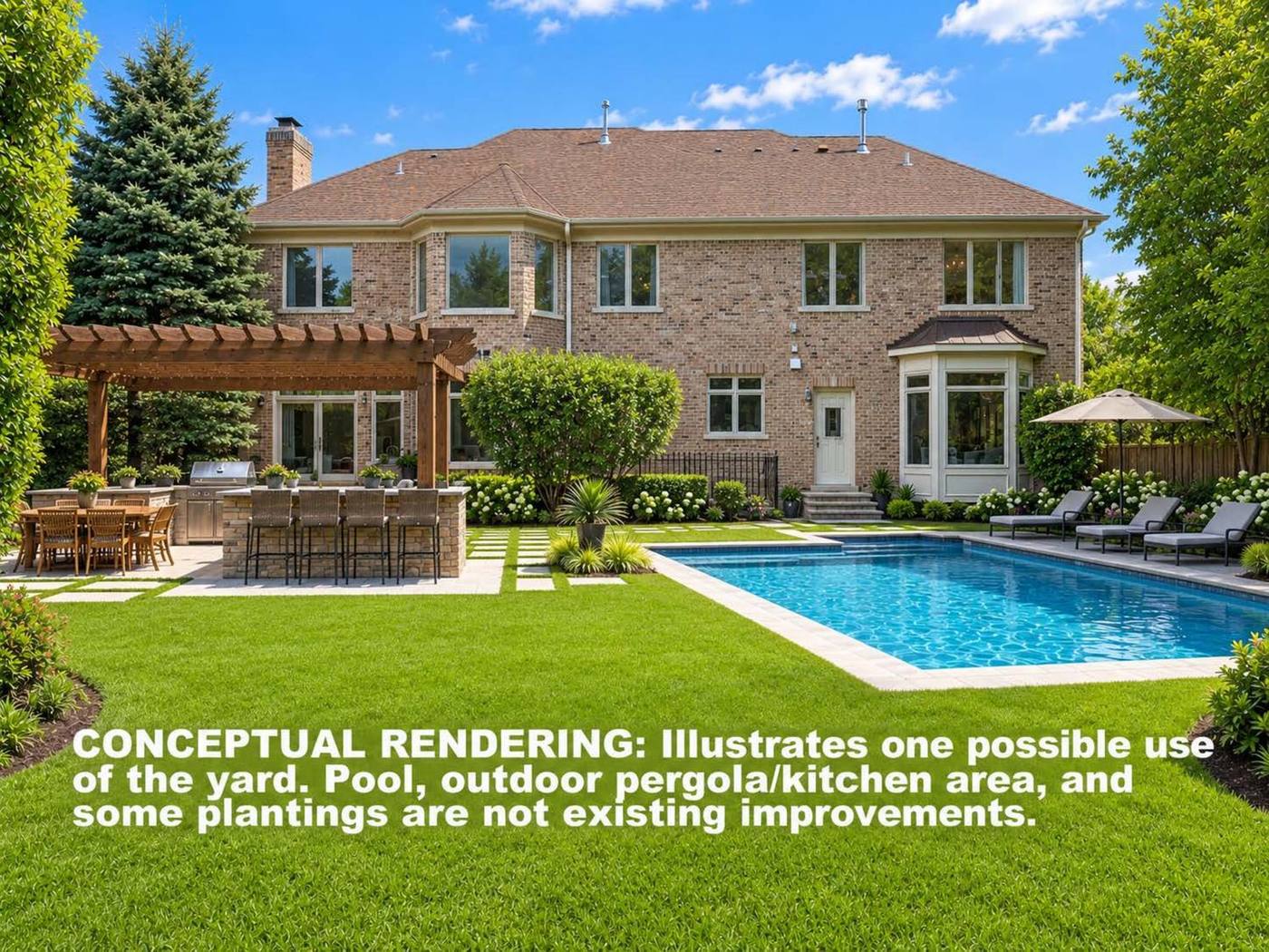 Conceptual rendering showing a pool, pergola and outdoor kitchen in the rear yard of 2303 Old Glenview Road in summer
