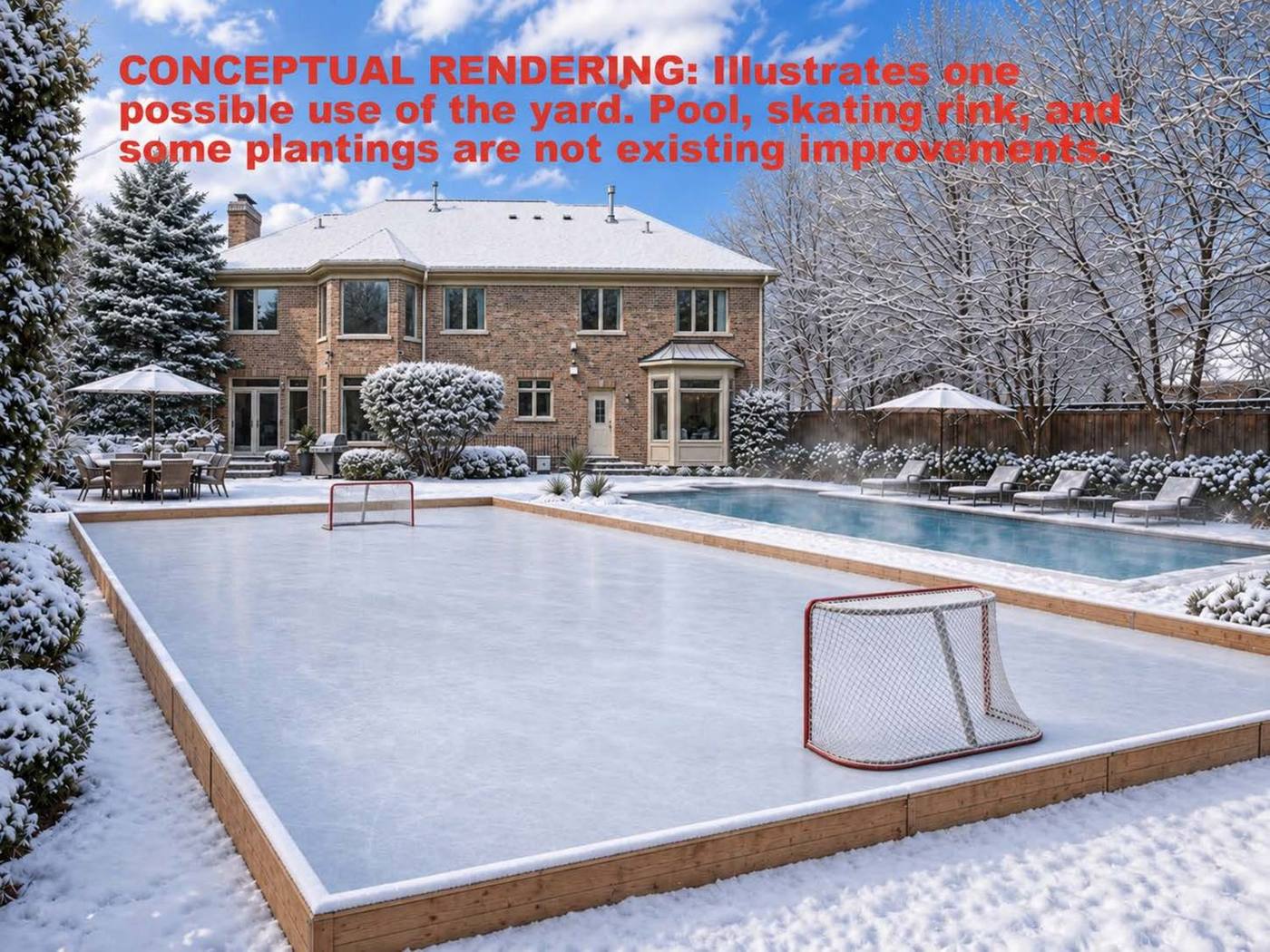 Conceptual rendering showing a skating rink and pool in the rear yard of 2303 Old Glenview Road in winter daylight