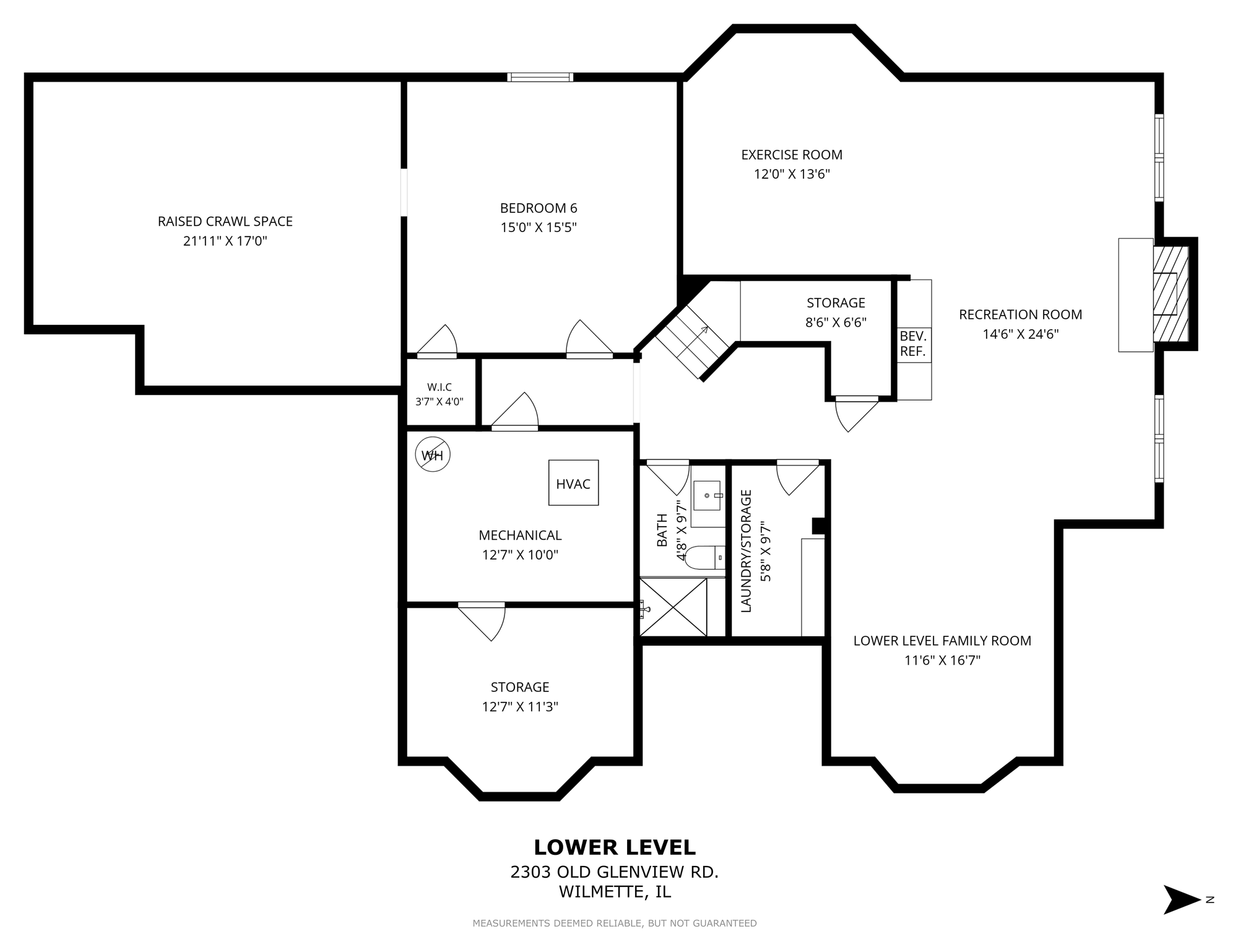Lower level floor plan of 2303 Old Glenview Road, Wilmette, showing recreation room, exercise room, lower level family room, bedroom 6, full bath, storage and raised crawl space