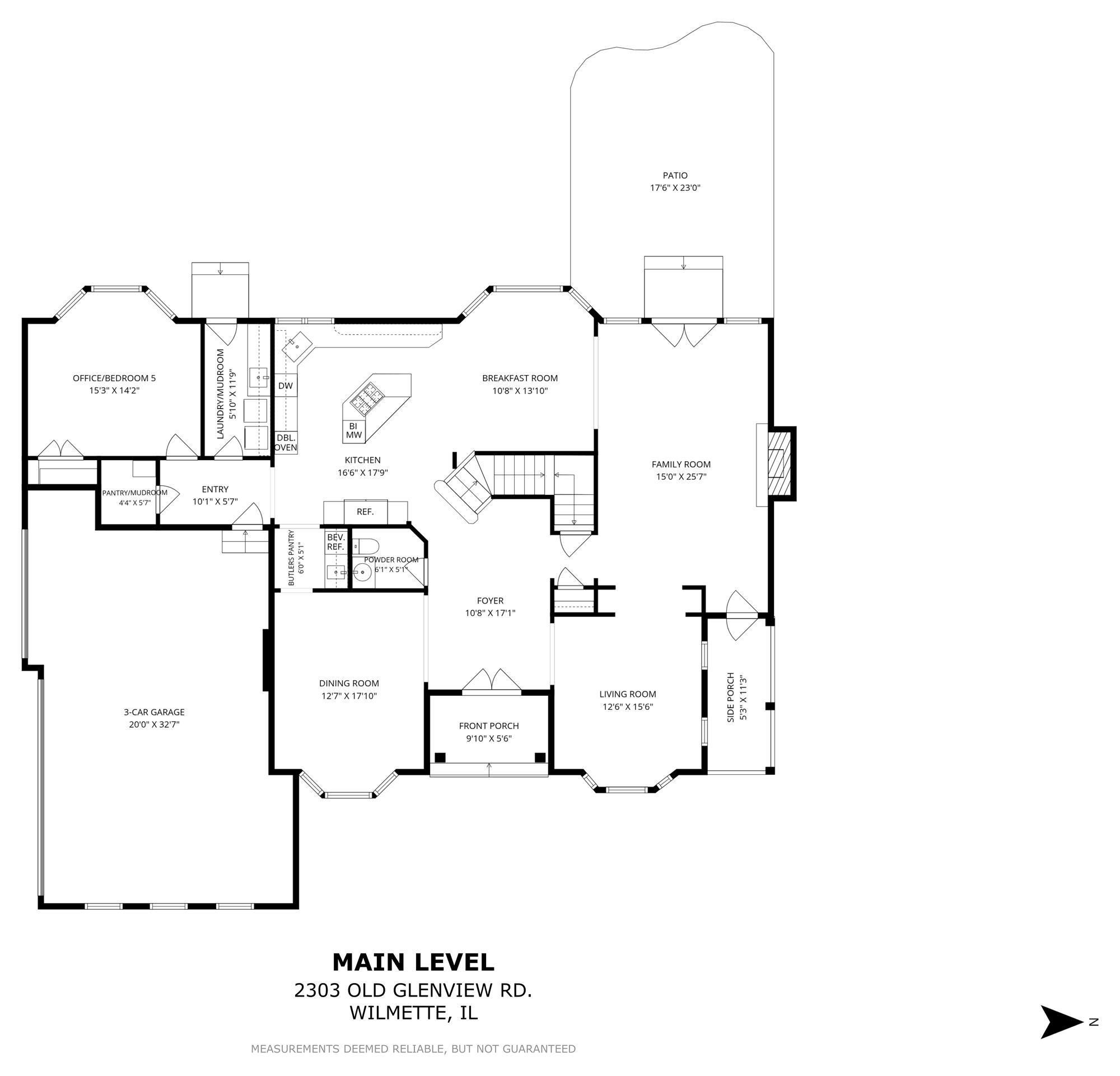 Main level floor plan of 2303 Old Glenview Road, Wilmette, showing kitchen, breakfast room, family room, living room, dining room, foyer, office/bedroom 5, laundry/mudroom and three-car garage