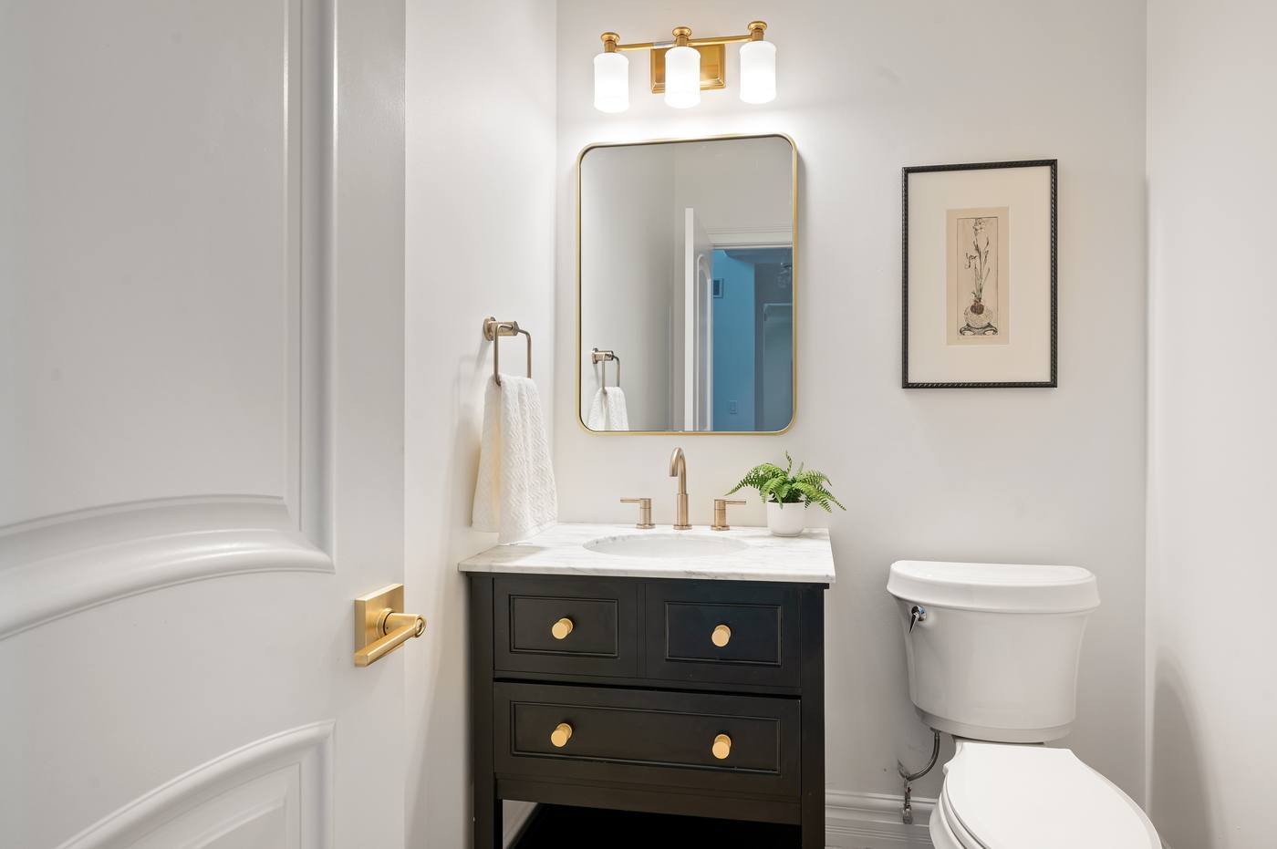 Main-level powder room with marble top and brass fittings
