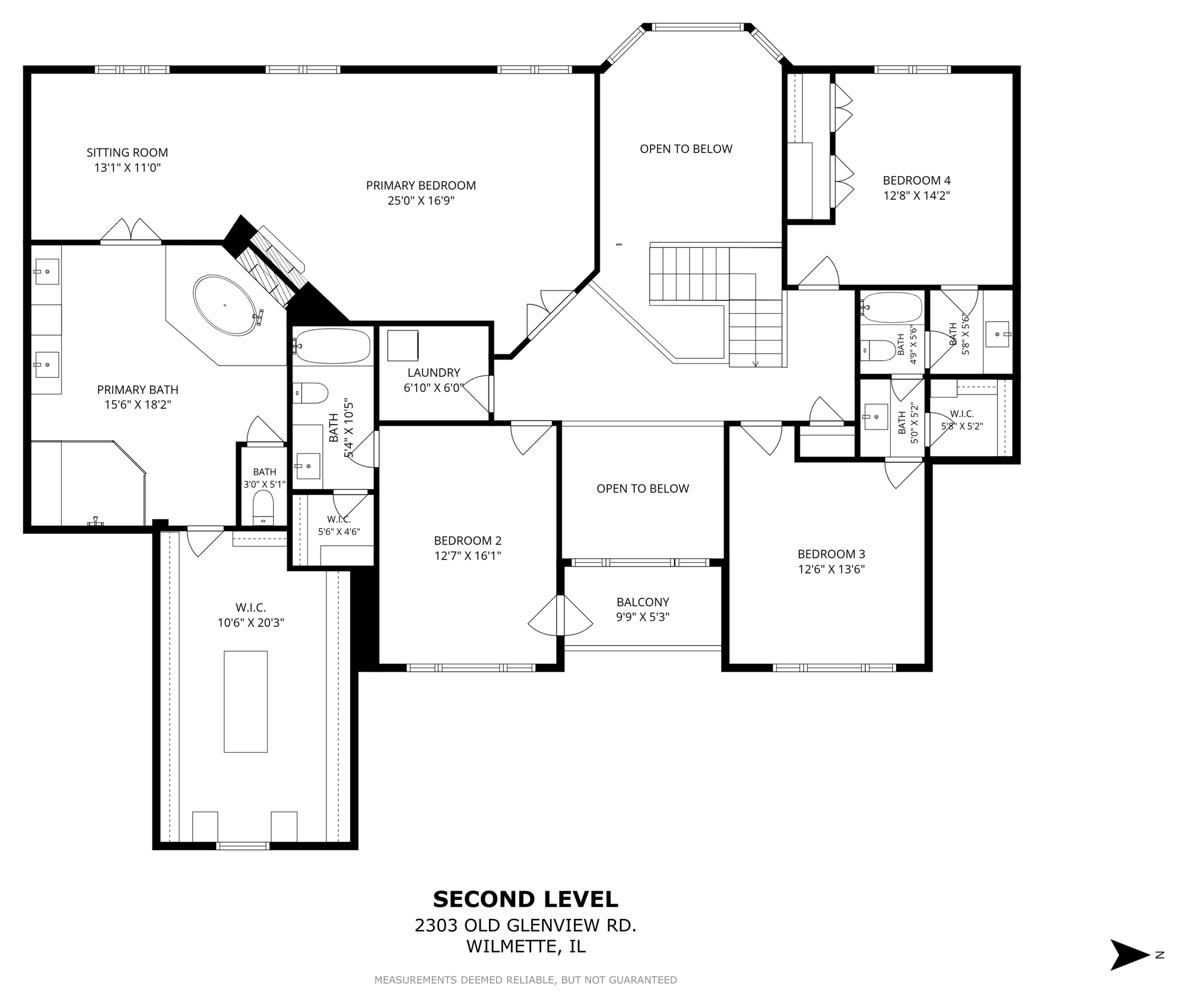 Second level floor plan of 2303 Old Glenview Road, Wilmette, showing the primary bedroom with sitting room and primary bath, three additional bedrooms, laundry and balcony